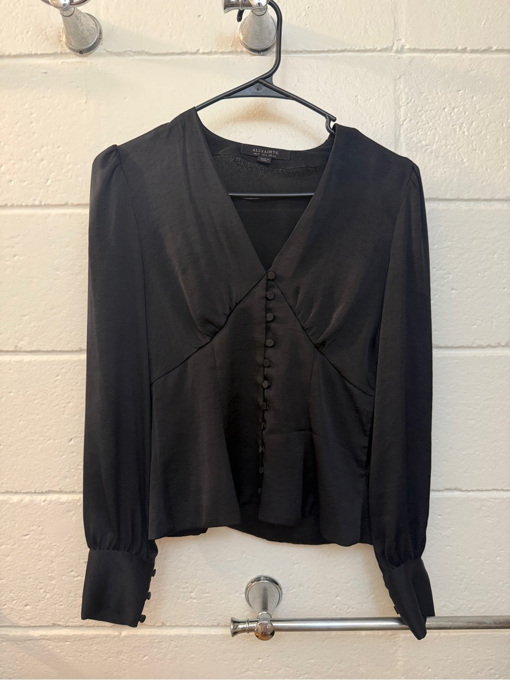 All Saints Black Button-Front V-Neck Blouse